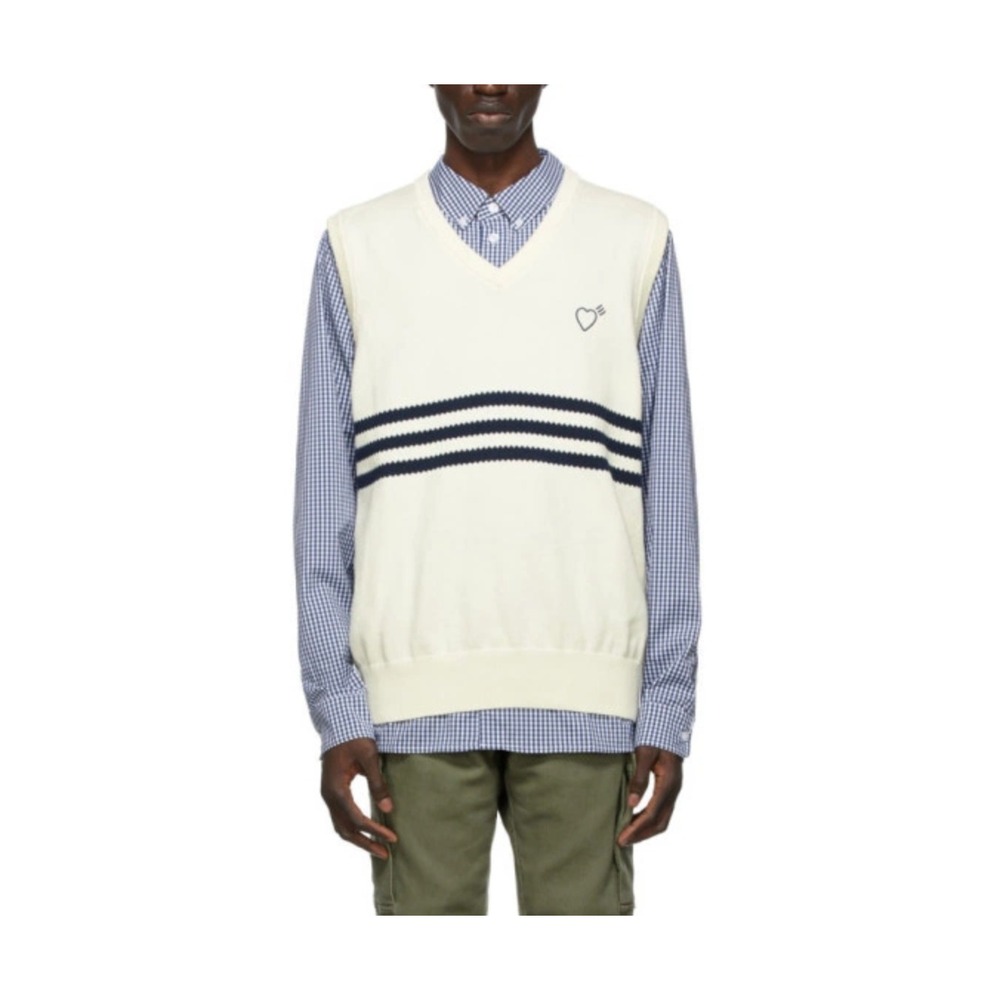 Adidas x Human Made Knit Sweater Vest Tennis Cream Navy Men's Large